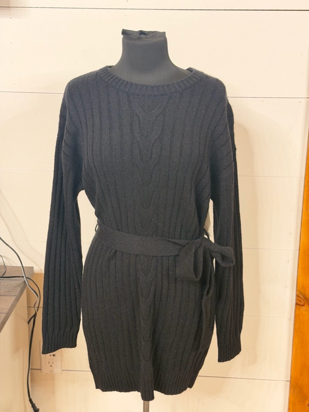 Francesca's Collections Black Cable Knit Sweater Dress with Waist Tie